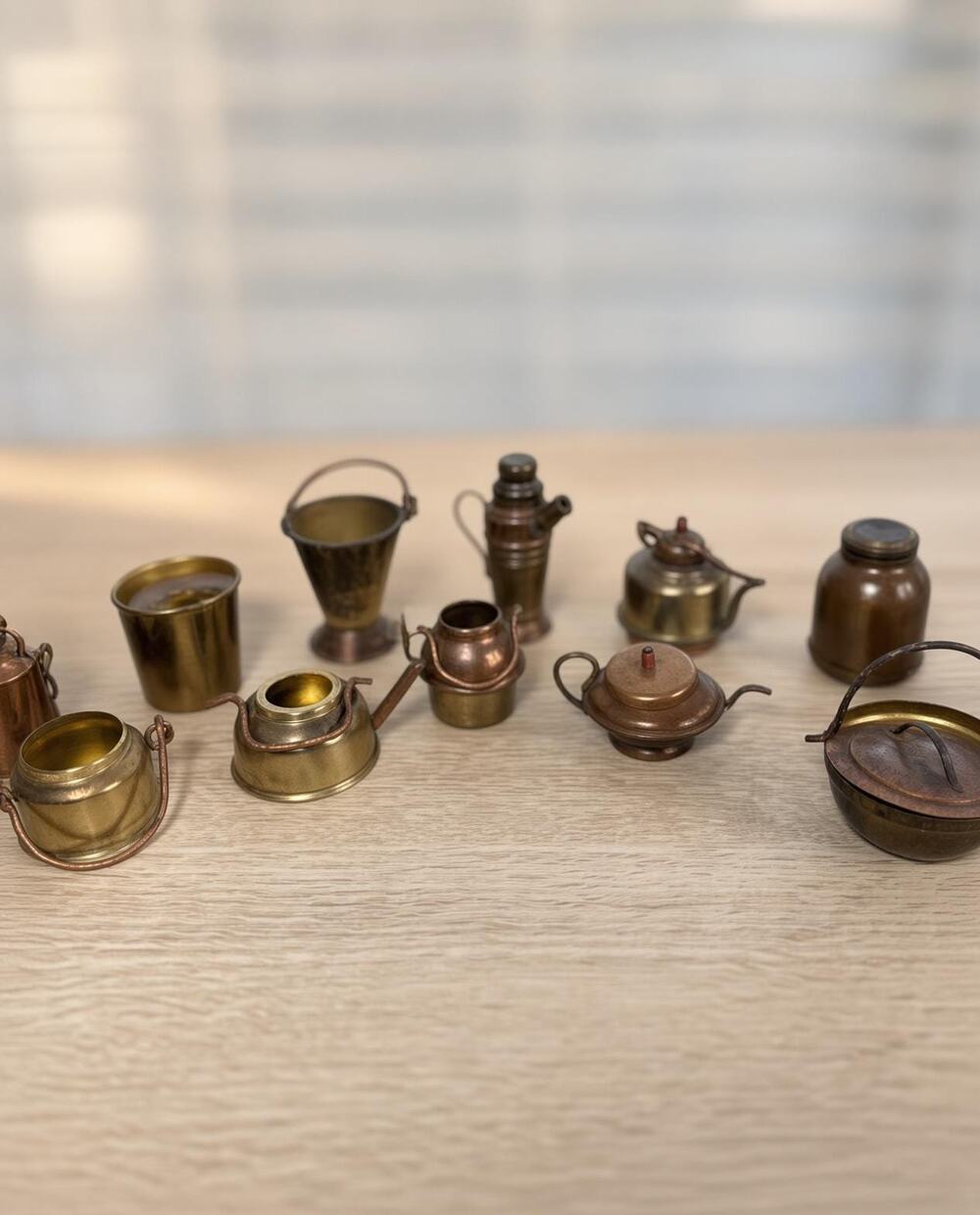 Vintage Japan Miniature Brass Copper Kitchenware Lot, 12pc Dollhouse Decor